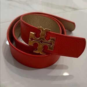 Tory Burch Vibrant Red Belt with Gold Emblem